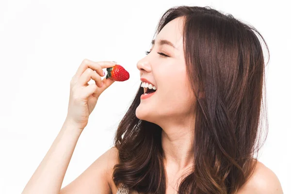 Woman Eating Fresh Strawberry White Background Dieting Concept Healthy Lifestyle — Stock Photo, Image