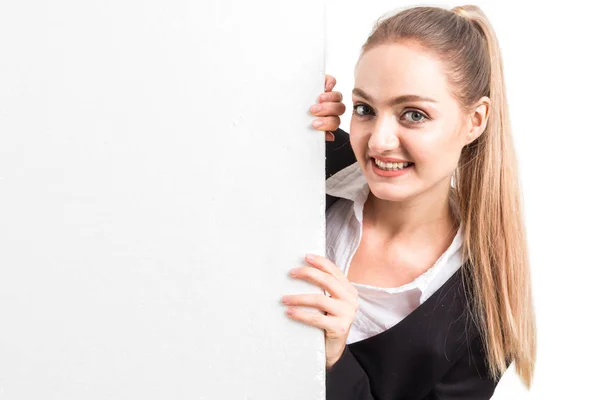 Portrait Beautiful Smile Business Woman Showing White Blank Billboard Isolated — Stok Foto