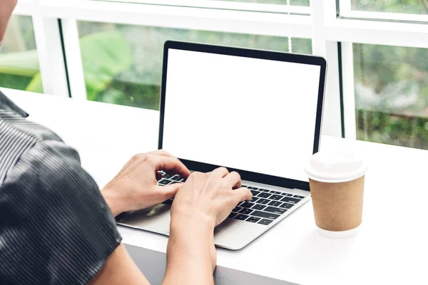 Woman Relaxing Using Digital Laptop Computer Blank White Screen Coffee — Stock Photo, Image