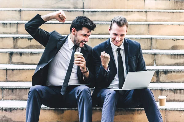 Successful Two Businessman Black Elegant Suit Sitting Celebrating Arms Working — Stock Photo, Image