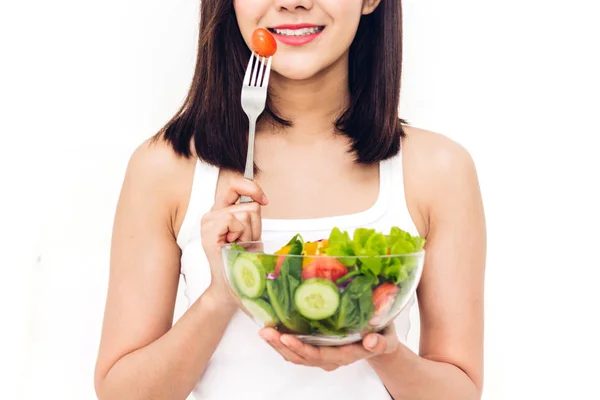 Mujer Feliz Comiendo Mostrando Ensalada Fresca Saludable Estilo Vida Bowl — Foto de Stock