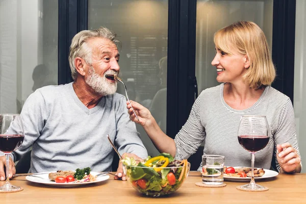 Senior Couple Enjoy Eating Healthy Breakfast Together Kitchen Retirement Couple — Stock Photo, Image