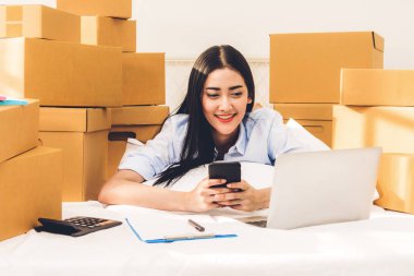 Genç kadın bağımsız çalışma ve kullanım dizüstü bilgisayar ile karton kutu yatağa evde - KOBİ iş online ve teslimat kavramı