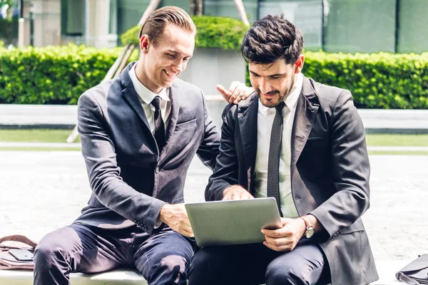 Image Two Business Partners Black Elegant Suit Talking Working Together — Stock Photo, Image