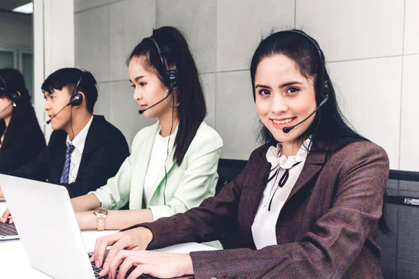 Beautiful Businesswoman Customer Support Services Working Headset Computer Call Center — Stock Photo, Image