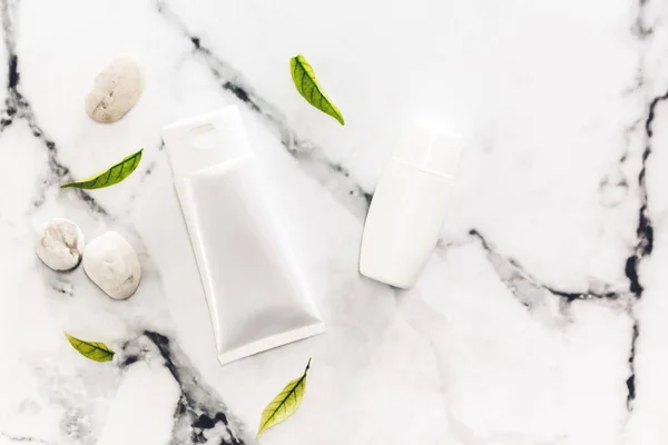 Cosmetic Bottle Skin Care Products Spa Stones Leaves White Marble — Stock Photo, Image