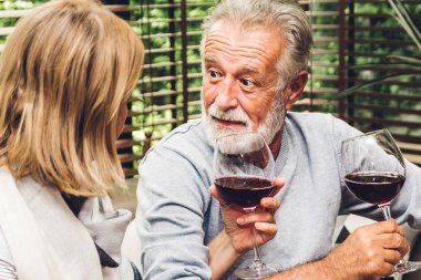 Yaşlı çift rahatça konuşuyor ve birlikte şarap içiyor. Oturma odasındaki kanepede. Emeklilik çifti konsepti.