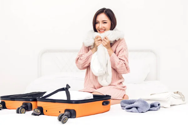 Woman Packing Suitcase Luggage Backpack Travel Home Holiday Vacation Concept — Stock Photo, Image