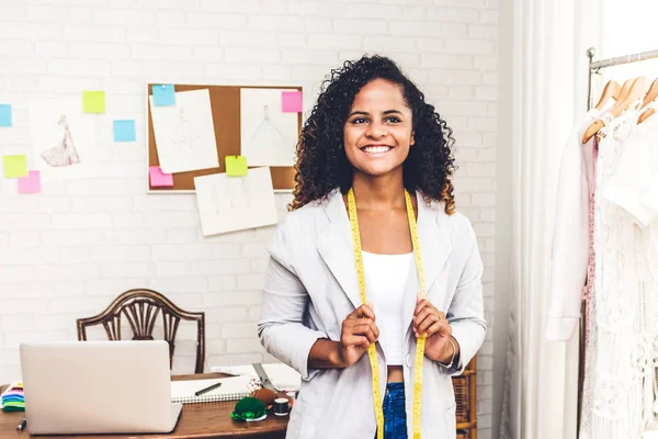 Smiling African American Black Woman Fashion Designer Standing Mannequin Clothes — Stock Photo, Image