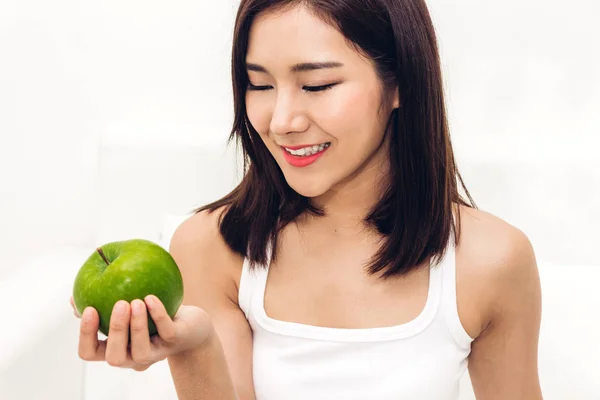 Woman Holding Eating Fresh Green Apple White Background Dieting Concept — Stock Photo, Image