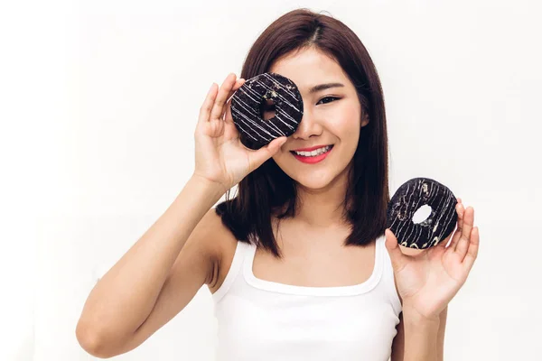 Beautiful Woman Enjoy Eating Chocolate Donut Cake Home Unhealthy Junk — Stock Photo, Image