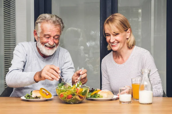 Senior Couple Enjoy Eating Healthy Breakfast Together Kitchen Retirement Couple — Stock Photo, Image