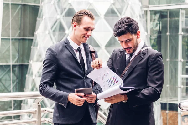 Image Two Business Partners Black Elegant Suit Talking Working Together — Stock Photo, Image
