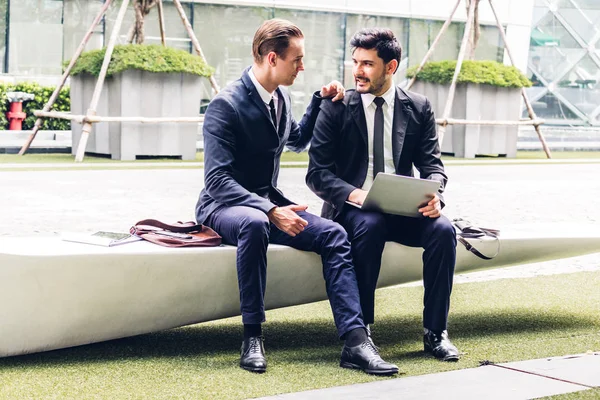 Image Two Business Partners Black Elegant Suit Talking Working Together — Stock Photo, Image