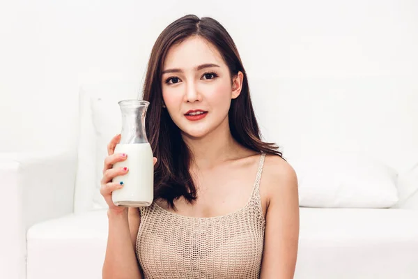 Woman Hands Holding Glass Fresh Milk — Stock Photo, Image