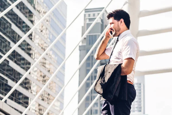 Portrait Handsome Businessman Black Suit Standing Using Smartphone Outdoors Modern — Stock Photo, Image