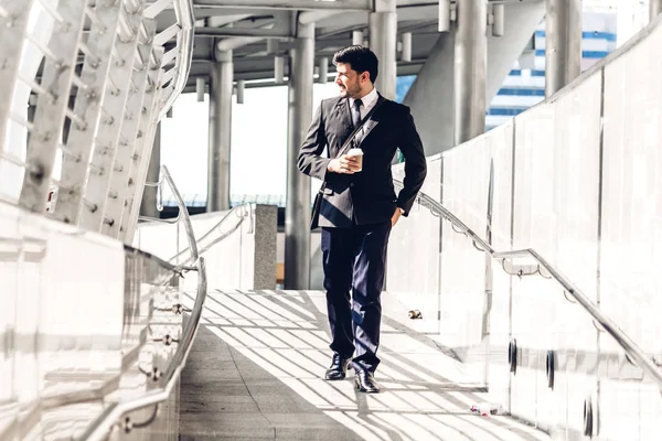 Portrait Handsome Businessman Black Suit Standing Outdoors Modern City Background — Stock Photo, Image