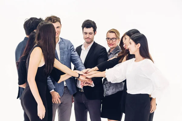 Erfolgreiche Gruppenunternehmer Stapeln Und Legen Ihre Hände Büro Zusammen — Stockfoto