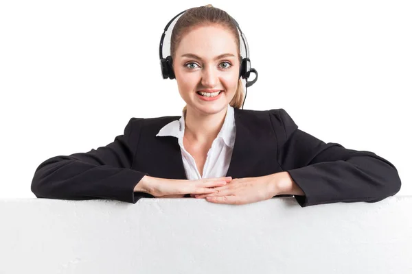 Hermosa Mujer Negocios Servicios Atención Cliente Que Trabajan Con Auriculares — Foto de Stock