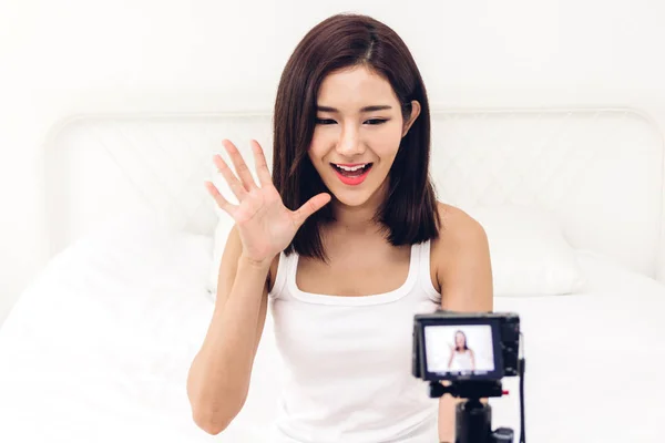 Asia Woman Blogger Front Camera Recording Herself Social Media Concept — Stock Photo, Image
