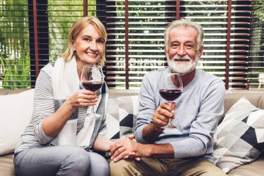 Yaşlı çift rahatça konuşuyor ve birlikte şarap içiyor. Oturma odasındaki kanepede. Emeklilik çifti konsepti.