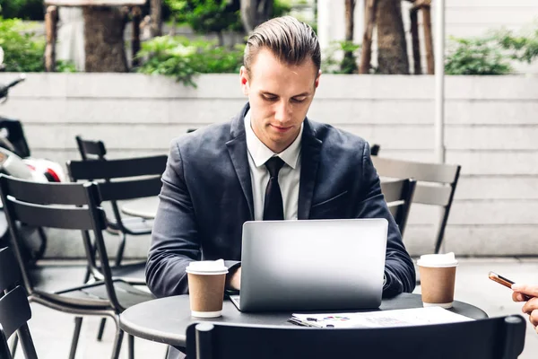 Handsome Businessman Black Elegant Suit Sitting Working Laptop Computer City — Stock Photo, Image