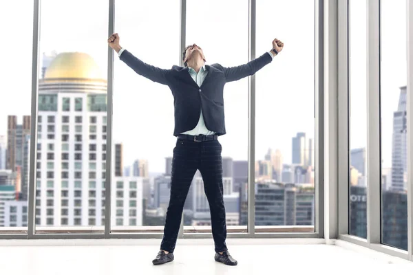 Successful Businessman Black Elegant Suit Standing Celebrating Arms Modern City — Stock Photo, Image