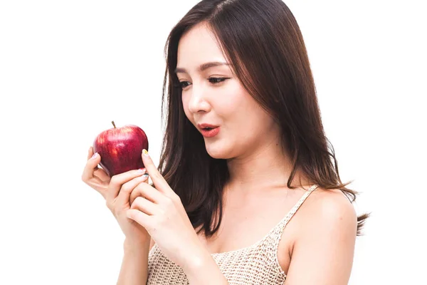 Woman Holding Eating Fresh Red Apple White Background Dieting Concept — Stock Photo, Image