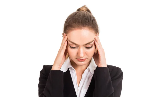Woman Headache Holding Head Isolated White Background — Stock Photo, Image
