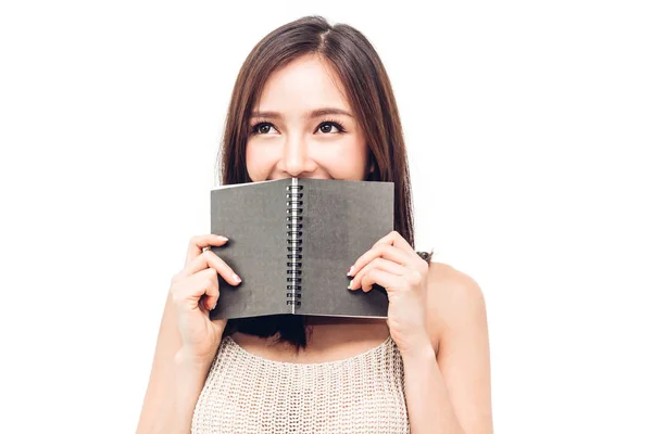 Retrato de estudiante mujer sosteniendo libro aislado sobre fondo blanco —  Fotos de Stock