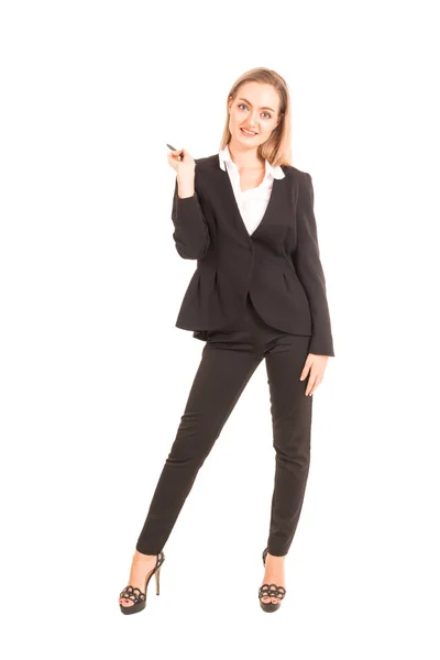 Mujer de negocios en traje negro escribiendo con pluma en la pantalla isola — Foto de Stock