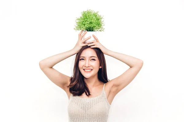 Portrait of happy smile asia woman enjoy and relax on white back — Stock Photo, Image