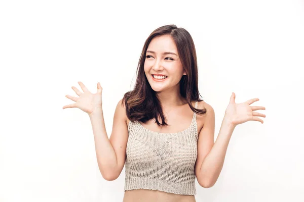 Portrait of happy smile asia woman enjoy and relax on white back — Stock Photo, Image