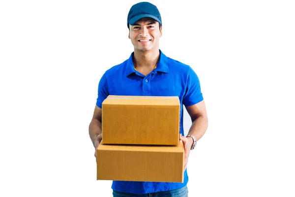Deliveryman holding kartong isolerad på vit bakgrund — Stockfoto