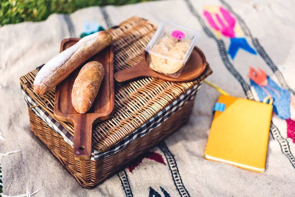 Pão e acessórios cesta de piquenique de verão no parque verde bac — Fotografia de Stock