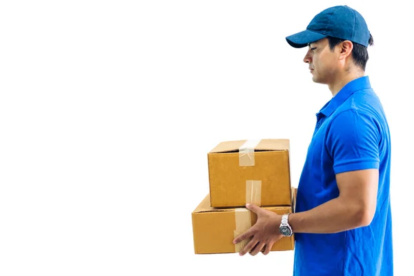 Deliveryman holding kartong isolerad på vit bakgrund — Stockfoto