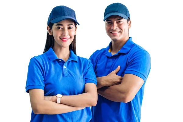 Porträtt av leende deliveryman och kvinna med korsade armar i — Stockfoto