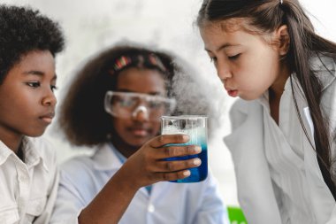 Okuldaki deney laboratuarında test tüpünde sıvı karıştırırken ve analiz ederken araştırma yapmayı öğrenen ve kimyasal deney yapan bir grup küçük sevimli öğrenci. Eğitim.