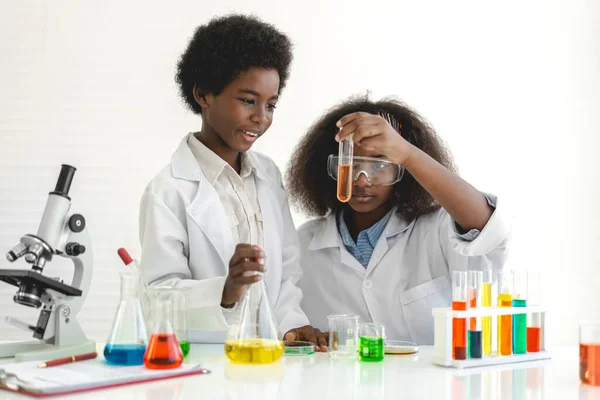 Dois Afro Americanos Bonitinho Menino Menina Estudante Pesquisa Aprendizagem Infantil — Fotografia de Stock