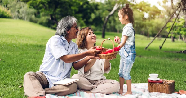 Portrait Happy Grandfather Grandmother Little Cute Girl Enjoy Relax Summer — Stock Photo, Image