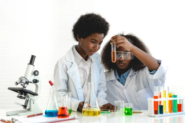 Dois Afro Americanos Bonitinho Menino Menina Estudante Pesquisa Aprendizagem Infantil — Fotografia de Stock