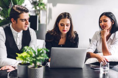 Proje ile fikirleri paylaşmayı tartışan bir grup profesyonel iş adamı. Yeşil santral terasında dizüstü bilgisayarla çalışan yaratıcı iş adamları modern çalışma odalarını dekore ettiler.