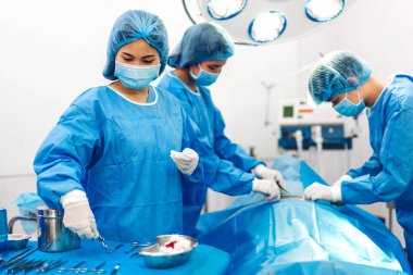 Profesyonel anestezi uzmanı doktor tıp ekibi ve asistanı modern hastane acil servisinde cerrahi ekipmanla jinekolojik ameliyata hazırlanıyor.