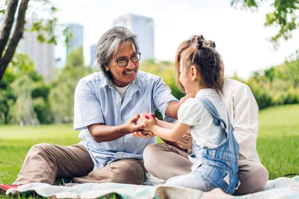 Portrait Happy Grandfather Grandmother Little Cute Girl Enjoy Relax Summer — Stock Photo, Image