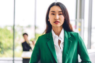 Güzel, kendine güvenen Asyalı iş kadını, şık bir şekilde Camara 'ya bakıyor. Genç, yaratıcı iş arkadaşları. Ofiste çalışan ve strateji analizi planlayan iş adamları.