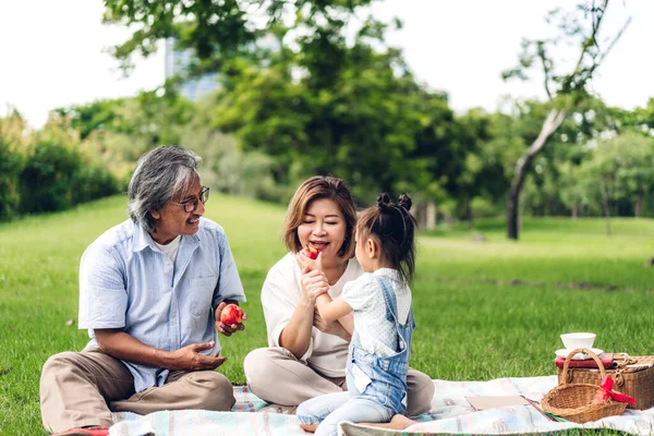 Portrait Happy Grandfather Grandmother Little Cute Girl Enjoy Relax Summer — Stock Photo, Image