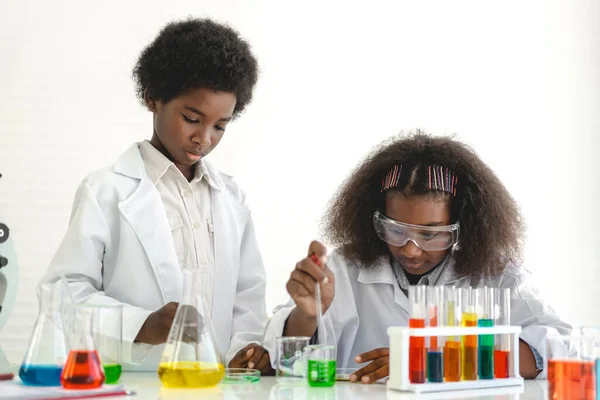 Dois Afro Americanos Bonitinho Menino Menina Estudante Pesquisa Aprendizagem Infantil — Fotografia de Stock