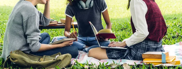 大学の公園で一緒に本と一緒に宿題をしているラップトップコンピュータを座って使用して笑顔の留学生やティーンエイジャーのグループ 教育と友情の概念 — ストック写真