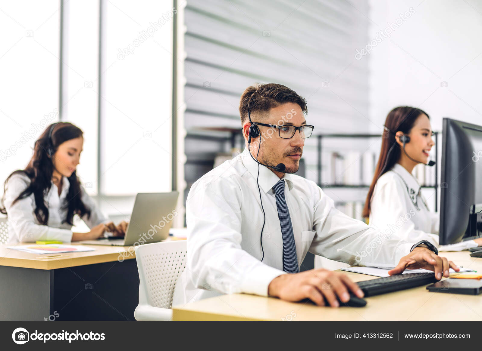 Group Happy Call Center Smiling Business Operator Customer Support Team