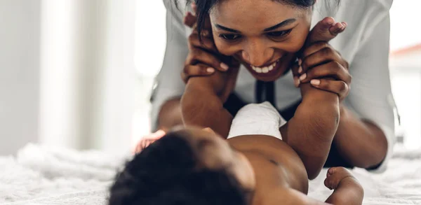 Portrait Enjoy Happy Love Family African American Mother Playing Adorable — Stock Photo, Image